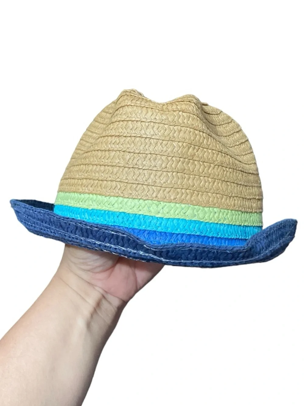 Kids Boy’s Children’s Place Woven Natural Striped Blue Rim Fedora Hat- NWOT